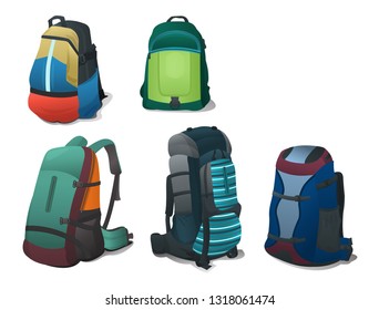 Set of bright backpacks for travel and school, different models , isolated on white background.