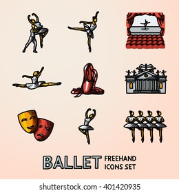 Set Of Bright Ballet Freehand Icons With - Ballet Dancers, Swan Lake Dance, Stage, Theater Building, Masks. Vector