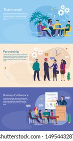 Set Bright Banner Inscription Business Conference. Flyer Written Partnership, Time Work. Household Office Needs. Men and Women Enter into Partnership Agreement. Vector Illustration.