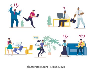 Set Bright Banner Misunderstanding at Work Flat. Modern and Comfortable Space. Aggressive Boss Drives Office Subordinates. Difficulty Communicating in Workplace. Cartoon. Vector Illustration.