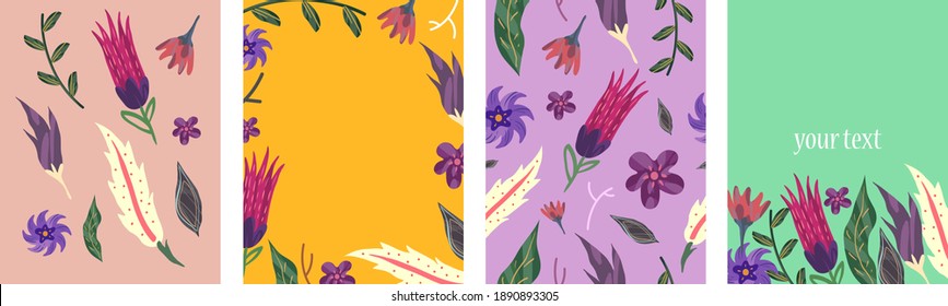 Set of bright banners with floral decorative elements. Template for cards, placard, cover, wallpaper, wrapping paper. Vector art illustration
