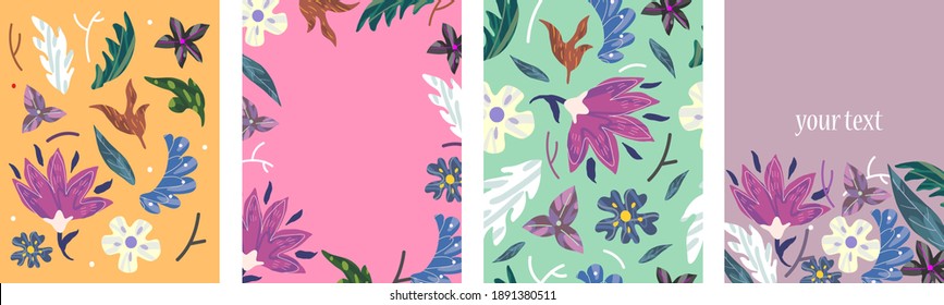 Set of bright banners with floral decorative elements. Template for cards, placard, cover, wallpaper, wrapping paper. Vector art illustration