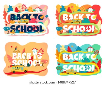Set bright banners, posters Back to school With the school bus, a girl riding a bike. Autumn in pink and blue tones. Colorful leaves, pears and apples on a tree. EPS 10 vector