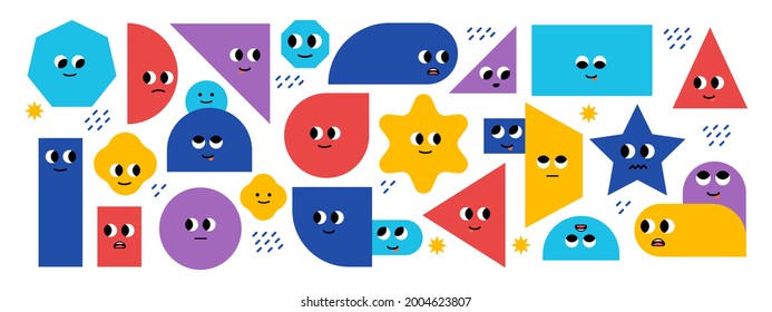 Set of bright basic geometric shapes with facial emotions. Different shapes. Cute characters. Vector illustration for kids, isolated background