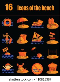 set   bright beach icons on black background