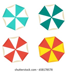 Set of bright beach umbrellas top view on white background. Beach vacation on sand on ocean or sea, near pool in hotel. Sunbed for relaxation and umbrella for sun protection. Flat vector cartoon icon.