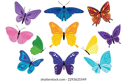 A set of bright and beautiful butterflies with patterns on the wings