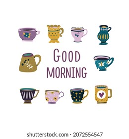 Set of bright beautiful mugs in a retro style and the inscription good morning . Tea drinking. Beverages. Design element. Beautiful glassware for drinks. Vector illustration. Flat design.