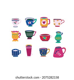 Set of bright beautiful mugs in a retro style on a white background. Tea drinking. Beverages. Design element. Beautiful glassware for drinks. Vector illustration. Flat design.
