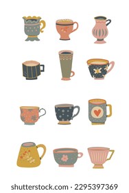 Set of bright beautiful mugs in a retro style on a white background. Tea drinking. Beverages. Design element. Beautiful glassware for drinks. Vector illustration. Flat design.