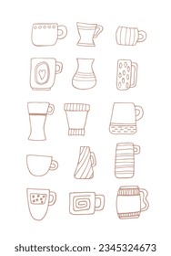 Set of bright beautiful mugs in a retro style on a white background. Tea drinking. Beverages. Design element. Beautiful glassware for drinks. Vector illustration. Flat design.