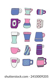 Set of bright beautiful mugs in a retro style on a white background. Tea drinking. Beverages. Design element. Beautiful glassware for drinks. Vector illustration. Flat design.