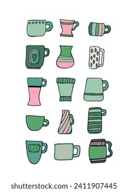 Set of bright beautiful mugs in a retro style on a white background. Tea drinking. Beverages. Design element. Beautiful glassware for drinks. Vector illustration. Flat design.