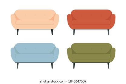 Set of bright beautiful sofas in yellow blue green on high legs on an isolated white background. Logo, icon, concept for interior design and web page. Modern design. Flat style. Vector illustration.