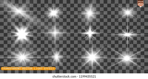 A set of bright beautiful stars. Light effect. Bright Star. Beautiful light for illustration. Christmas star.White sparkles shine special light effect. Vector sparkles on a transparent background.