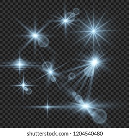 A set of bright beautiful stars. Light effect. Bright Star. Beautiful light for illustration. Christmas star.White sparkles shine special light effect. Vector sparkles on a transparent background.