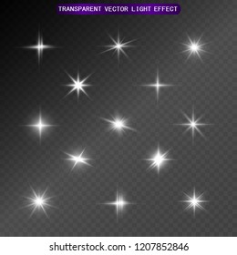 A set of bright beautiful stars. Light effect. Bright Star. Beautiful light for illustration. Christmas star.White sparkles shine special light effect. Vector sparkles on a transparent background.