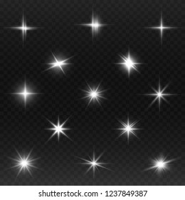 Set of bright beautiful stars. Light effect Bright Star. Beautiful light for illustration. Christmas star. Vector sparkles on transparent background.White glowing light