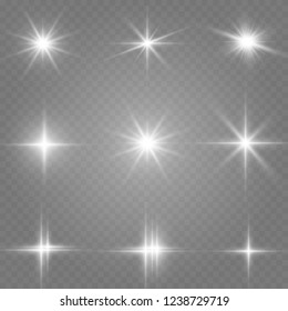 Set of bright beautiful stars. Light effect Bright Star. Beautiful light for illustration. Christmas star. Vector sparkles on transparent background.White glowing light