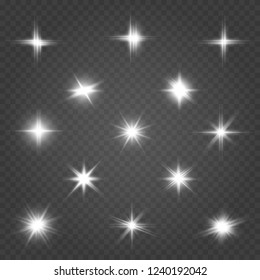 Set of bright beautiful stars. Light effect Bright Star. Beautiful light for illustration. Christmas star. Vector sparkles on transparent background.White glowing light.