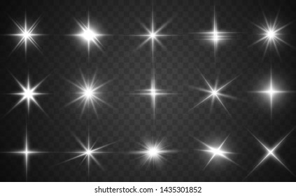 A set of bright beautiful stars. Light effect. Bright Star. Beautiful light for illustration. Christmas star.White sparkles shine special light effect. Vector sparkles on a transparent background.