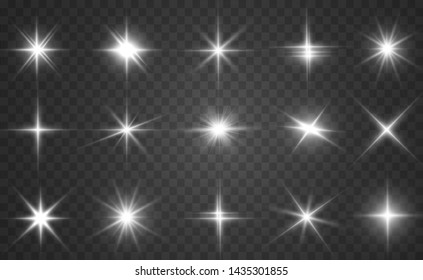 A set of bright beautiful stars. Light effect. Bright Star. Beautiful light for illustration. Christmas star.White sparkles shine special light effect. Vector sparkles on a transparent background.