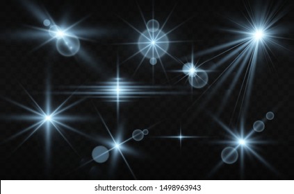Set of bright beautiful stars. Light effect Bright Star. Beautiful light for illustration. Christmas star. White sparks sparkle with a special light. Vector sparkles on transparent background