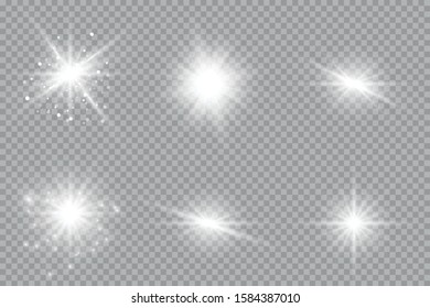 Set of bright beautiful stars. Light effect. Bright Star. Beautiful light to illustrate. Christmas star. White glitter sparkles with special light effect. Vector sparkles on a transparent background.