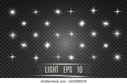A set of bright beautiful stars. Light effect. Bright Star. Beautiful light for illustration. Christmas star.White sparkles shine special light effect. Vector sparkles on a transparent background.