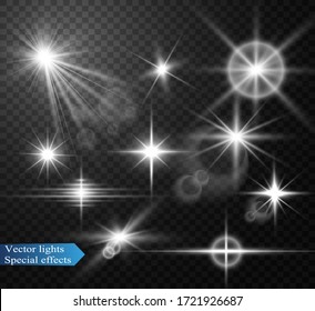Set of bright beautiful stars. Light effect. Bright Star. Beautiful light to illustrate. Christmas star. White glitter sparkles with special light effect. Vector sparkles on a transparent background.
