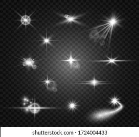Set of bright beautiful stars. Light effect. Bright Star. Beautiful light to illustrate. Christmas star. White glitter sparkles with special light effect. Vector sparkles on a transparent background.