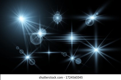 A set of bright beautiful stars. Light effect. Bright Star. Beautiful light for illustration. Christmas star.White sparkles shine special light effect. Vector sparkles on a transparent background.