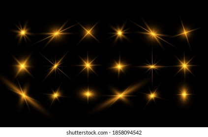 Set of bright beautiful stars. Light effect. Bright Star. Beautiful light to illustrate. Christmas star. White glitter sparkles with special light effect. Vector sparkles on a transparent background.