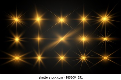 Set of bright beautiful stars. Light effect. Bright Star. Beautiful light to illustrate. Christmas star. White glitter sparkles with special light effect. Vector sparkles on a transparent background.