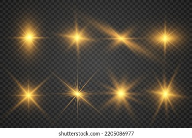 Set of bright beautiful stars. Light effect Bright Star. Beautiful light for illustration. Christmas star. White sparks sparkle with a special light. Vector sparkles on transparent background