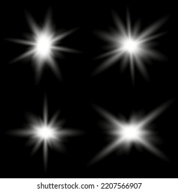 Set of bright beautiful stars. Light effect Bright Star. Beautiful light for illustration. Christmas star. White sparks sparkle with a special light. Vector sparkles on transparent background