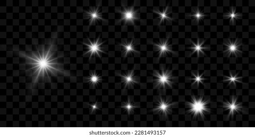 Set of bright beautiful stars. light effect. Bright Star. Nice light to illustrate. Christmas Star. White sequins sparkle with a special light effect. Vector sparkles on a transparent background.