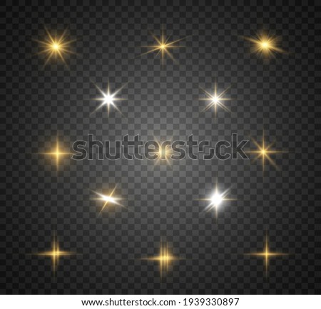 Set of bright beautiful stars. Light effect. Bright Star. Beautiful light to illustrate. Christmas star. White glitter sparkles with special light effect. Vector sparkles on a transparent background.