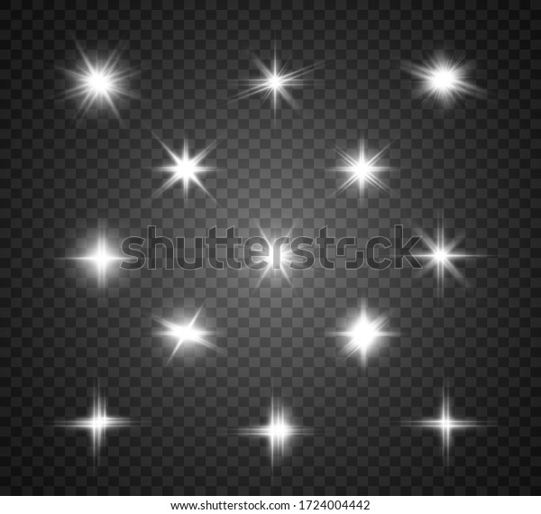 Set of bright beautiful stars. Light effect.\
Bright Star. Beautiful light to illustrate. Christmas star. White\
glitter sparkles with special light effect. Vector sparkles on a\
transparent background.