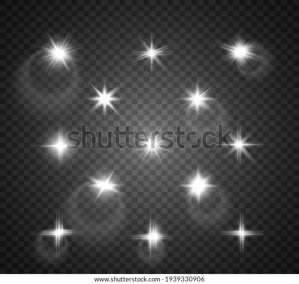 Set of bright beautiful stars. Light effect.\
Bright Star. Beautiful light to illustrate. Christmas star. White\
glitter sparkles with special light effect. Vector sparkles on a\
transparent background.