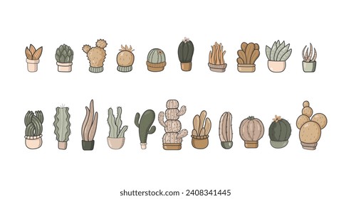 set of bright beautiful unusual cacti of various shapes isolated on a white background. Different shapes of cacti and succulents for your design. All objects are separated. Vector illustration.