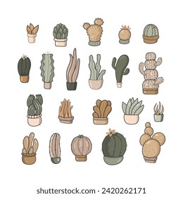 set of bright beautiful unusual cacti of various shapes isolated on a white background. Different shapes of cacti and succulents for your design. All objects are separated. Vector illustration.