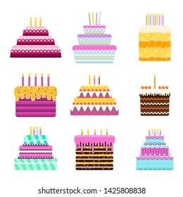 Set of bright birthday cake. Fruit and chocolate sweet pastries. For cards with wishes and greetings. Celebrating the anniversary of the birthday. Flat vector icon.