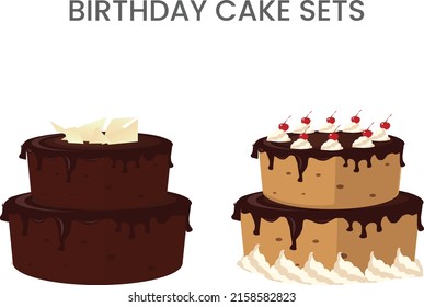 Set of bright birthday cake. Fruit and chocolate sweet pastries. For cards with wishes and greetings. Celebrating the anniversary of the birthday. Flat vector Design.