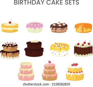 Set of bright birthday cake. Fruit and chocolate sweet pastries. For cards with wishes and greetings. Celebrating the anniversary of the birthday. Flat vector Design.