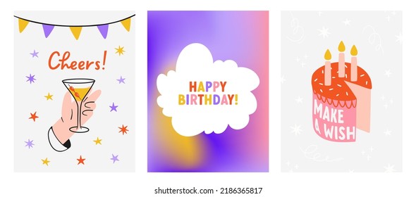 A set of bright birthday cards. Hand-drawn prints with cake, glass and inscriptions. Cartoon style. Simple Flat vector illustration. Design of a invitations, postcard, print for cloth or poster