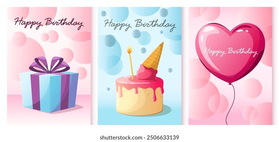 A set of bright birthday greeting cards. A cake, a balloon and a gift. Vector illustration in cartoon style.