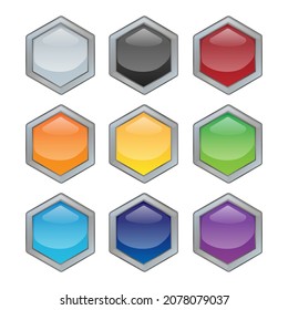 Set of bright blank buttons. Metalic frames for skills or elements of user interface for mobile games