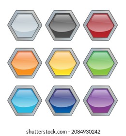 Set of bright blank buttons. Metalic frames for skills or elements of user interface for mobile games