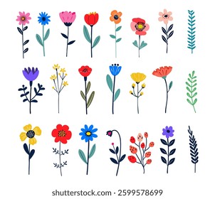 Set of bright blooming flowers and leaves. Spring, summer  floral blossom, vector illustration. Isolated on white background